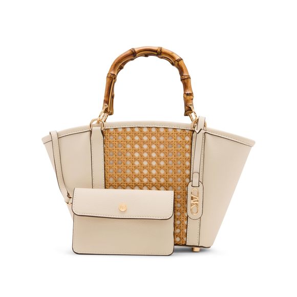 Caning Bamboo Handle Tote With Detachable Strap, Natural/Parchment T_T - Picture 1 of 6